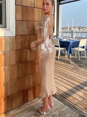 Mew Mews Sequin Long-Sleeve Midi Dress in Champagne Alix Earle Medium